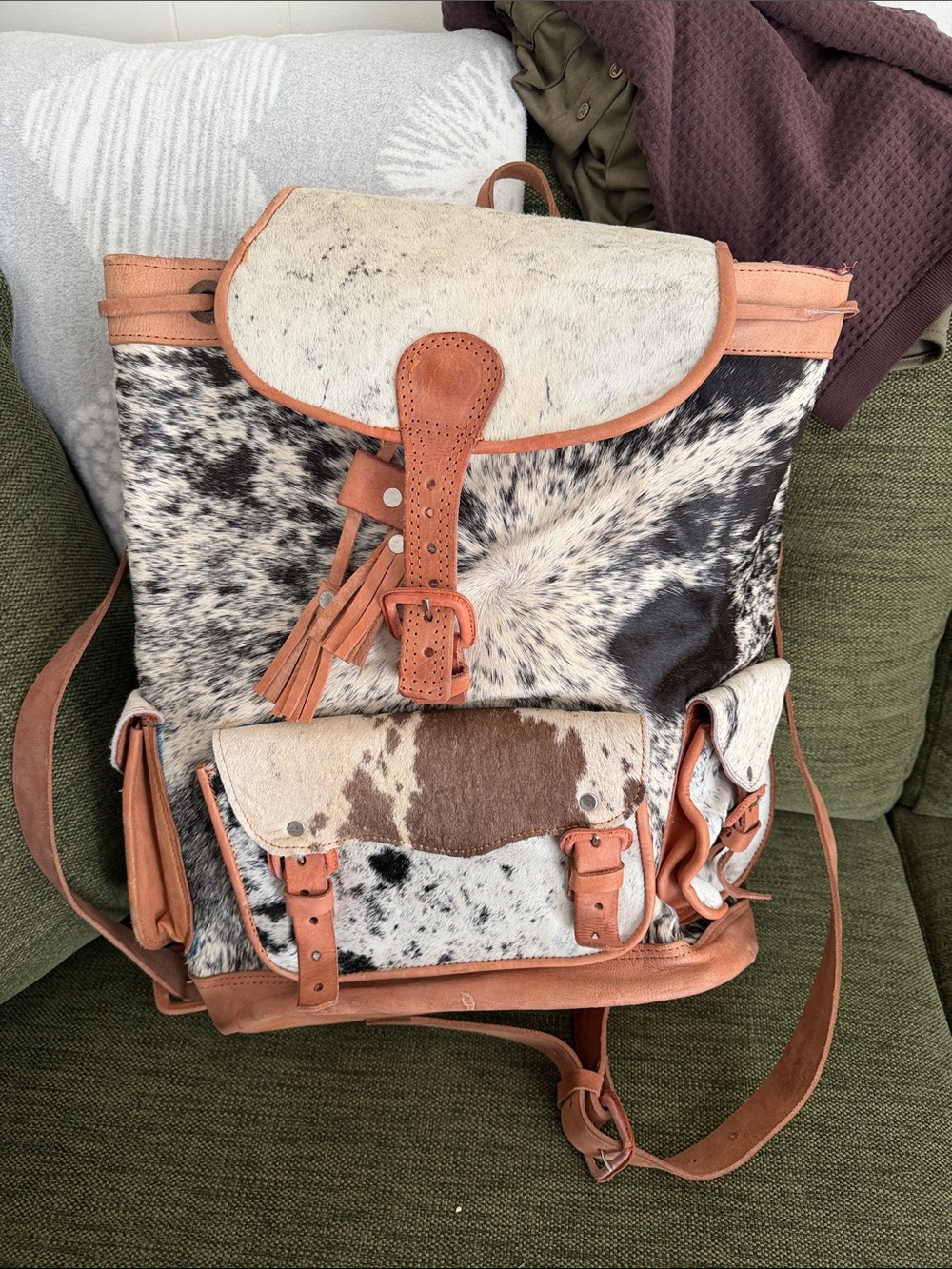 Cowhide Leather Backpack - Brown & White